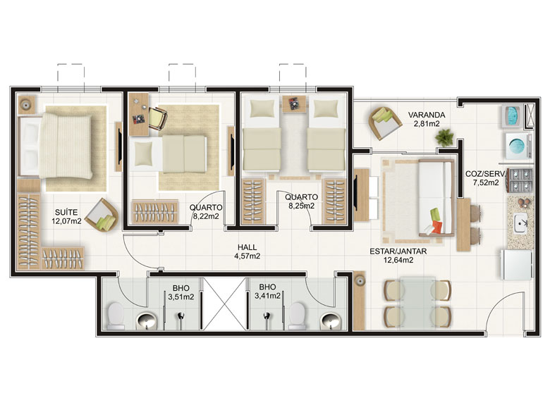 apartamento 3 quartos planta moderna