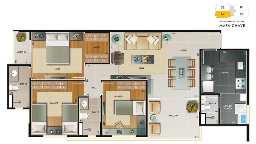 apartamento 3 quartos planta com home office