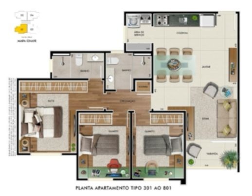 apartamento 3 quartos planta com sala ampliada