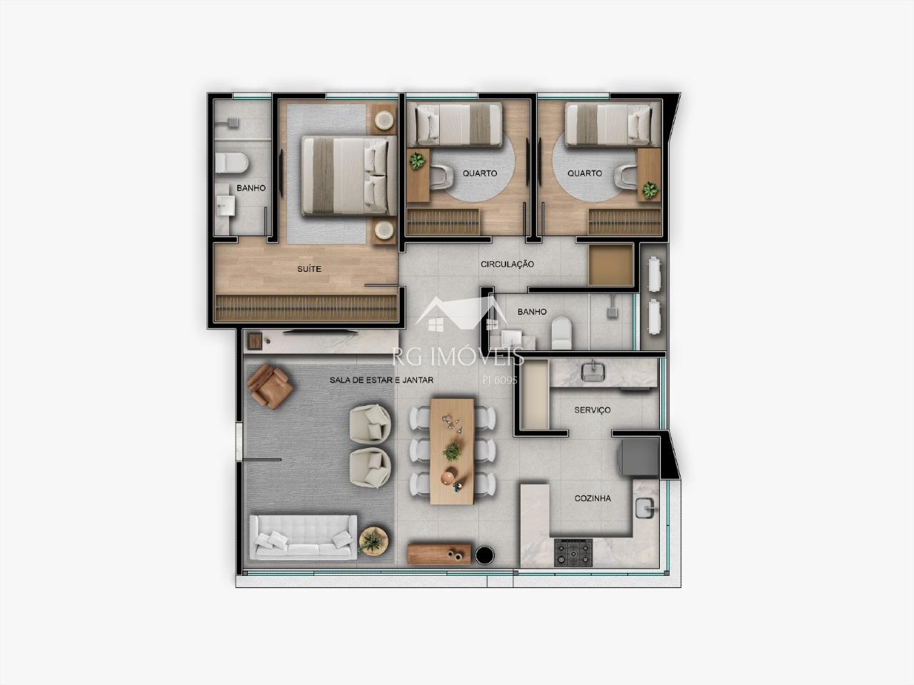 planta apartamento 3 quartos cozinha integrada