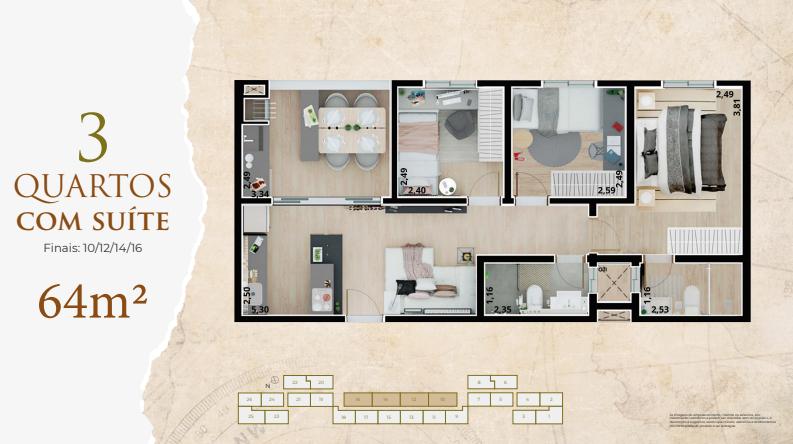 planta apartamento 3 quartos 2 banheiros