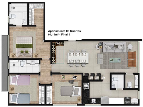 planta apartamento 3 quartos 3 banheiros