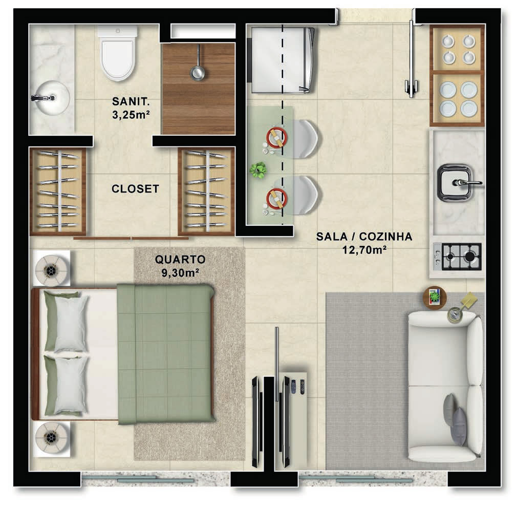 planta apartamento 30m2 1 quarto