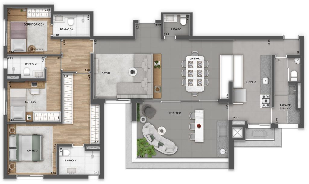 apartamento com cozinha americana e sala integrada