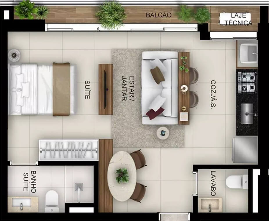 Apartamento pequeno 1 quarto planta