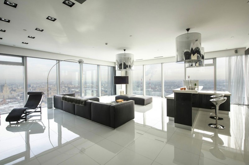 apartamento preto com móveis planejados