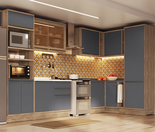Cozinha modulada com armários aéreos