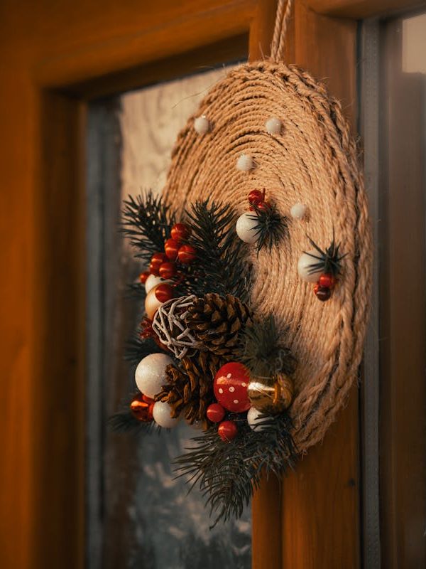 decoração de natal para porta de apartamento com pinhas