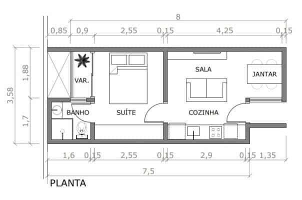 Planta apartamento 1 quarto pequeno