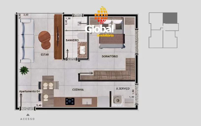 Planta apartamento 1 quarto com sacada