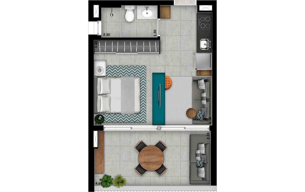Planta apartamento 1 quarto com quintal