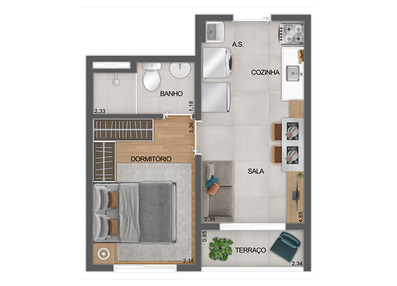 Planta apartamento 1 quarto 30m2