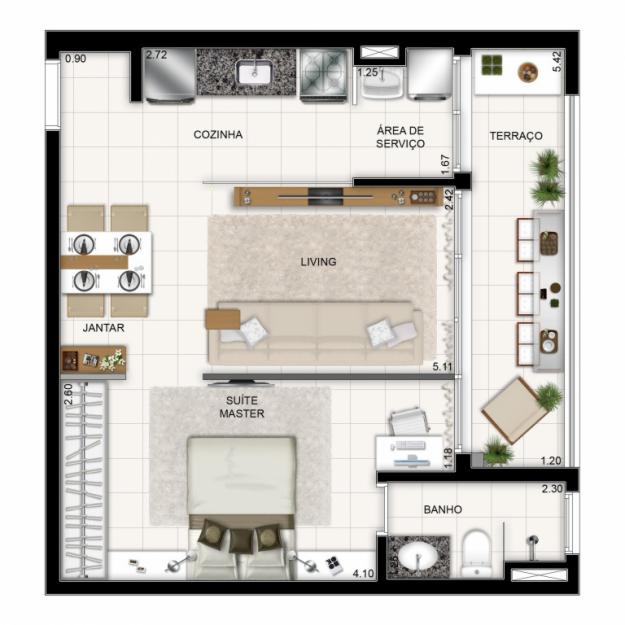 Planta apartamento 1 quarto conceito aberto
