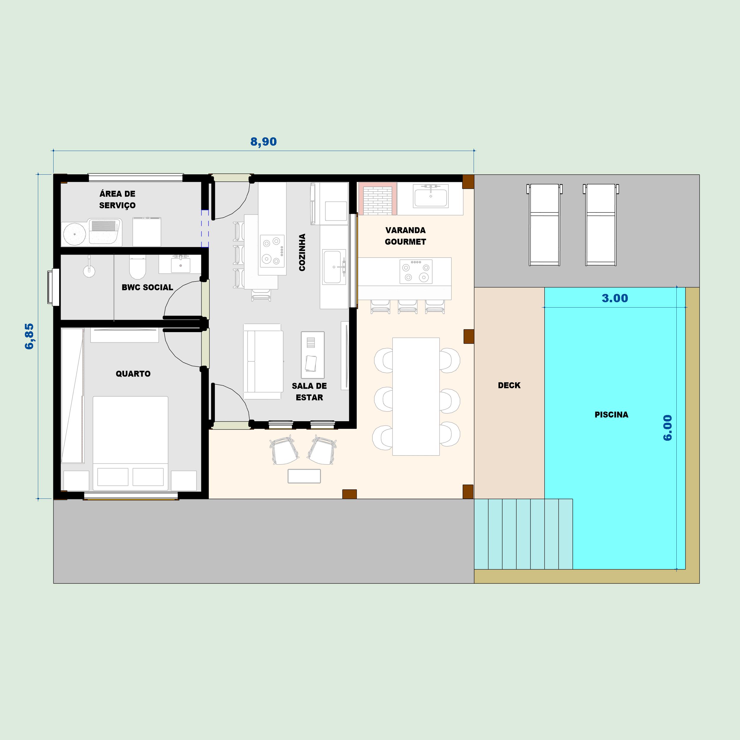 Planta apartamento 1 quarto com suíte