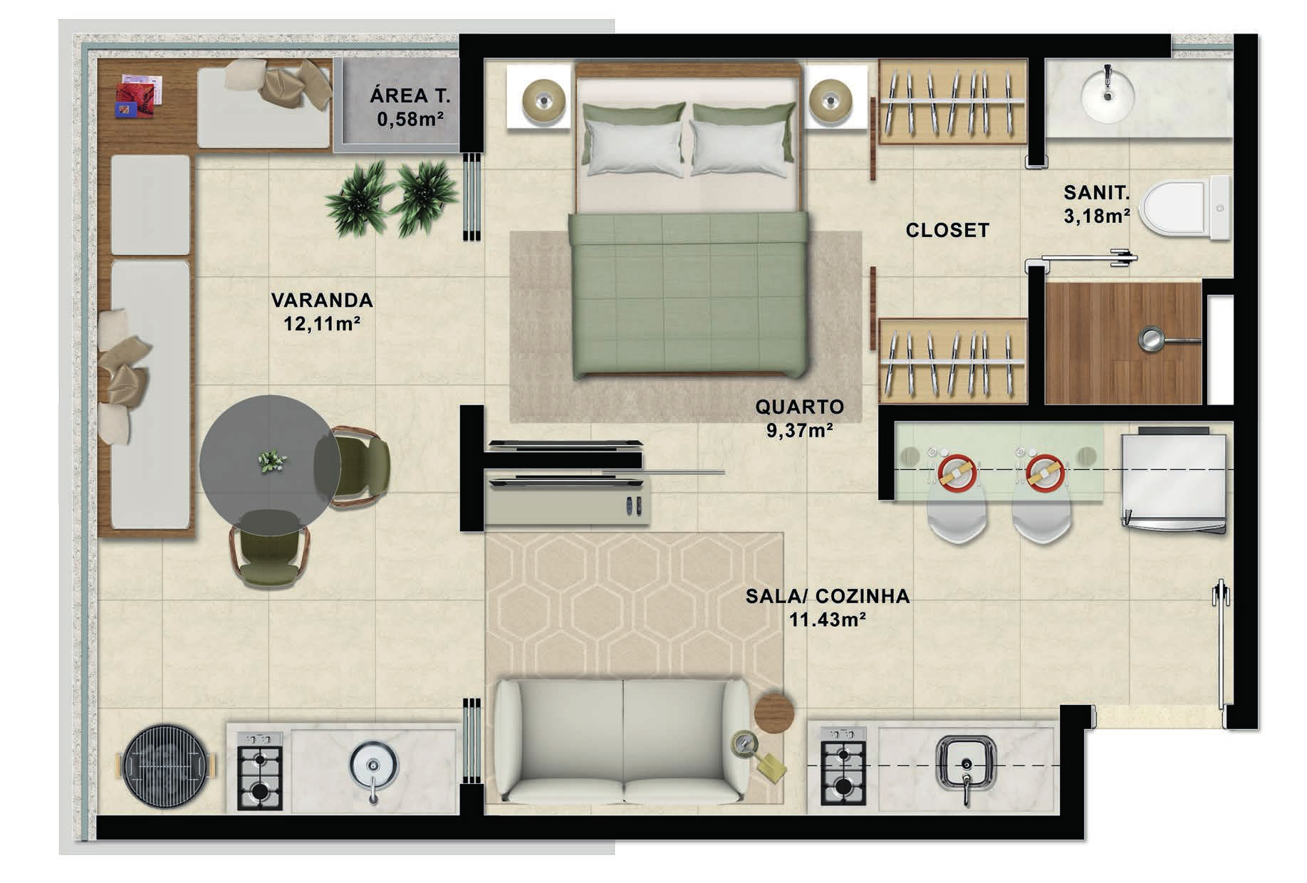 Planta apartamento 1 quarto decorado