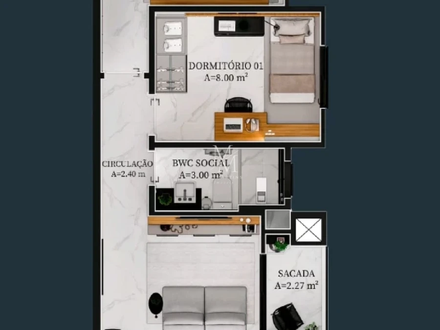 planta apartamento 2 quartos 50m2 com home office