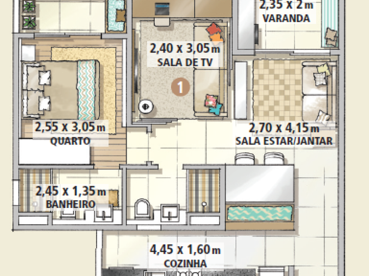 planta apartamento 2 quartos 50m2 integrado