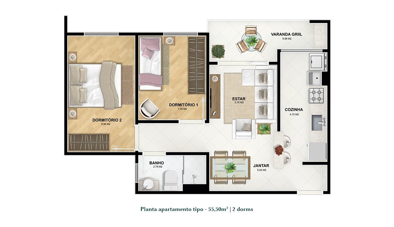 planta apartamento 2 quartos 50m2 para casal