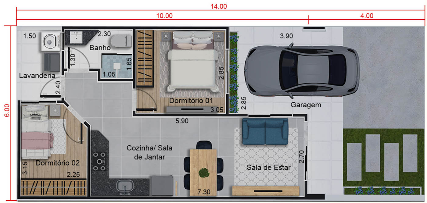 planta apartamento 60m2 2 quartos com varanda