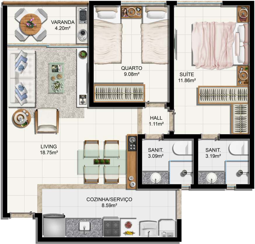 planta apartamento 60m2 2 quartos cozinha americana
