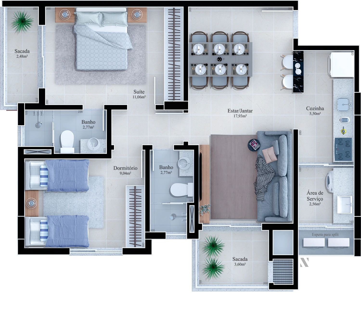 apartamento 60m2 2 quartos planta baixa moderna