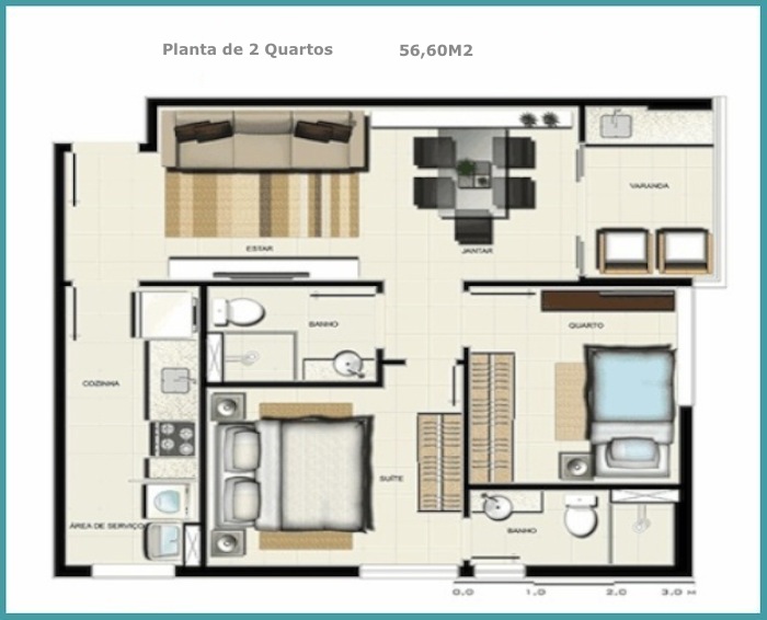 apartamento 60m2 2 quartos planta para investir