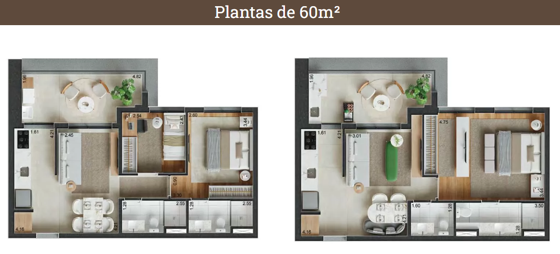 apartamento 60m2 2 quartos planta com sala estendida