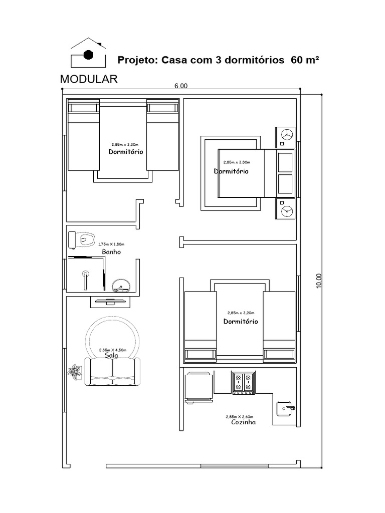 apartamento 60m2 2 quartos planta com corredor de acesso