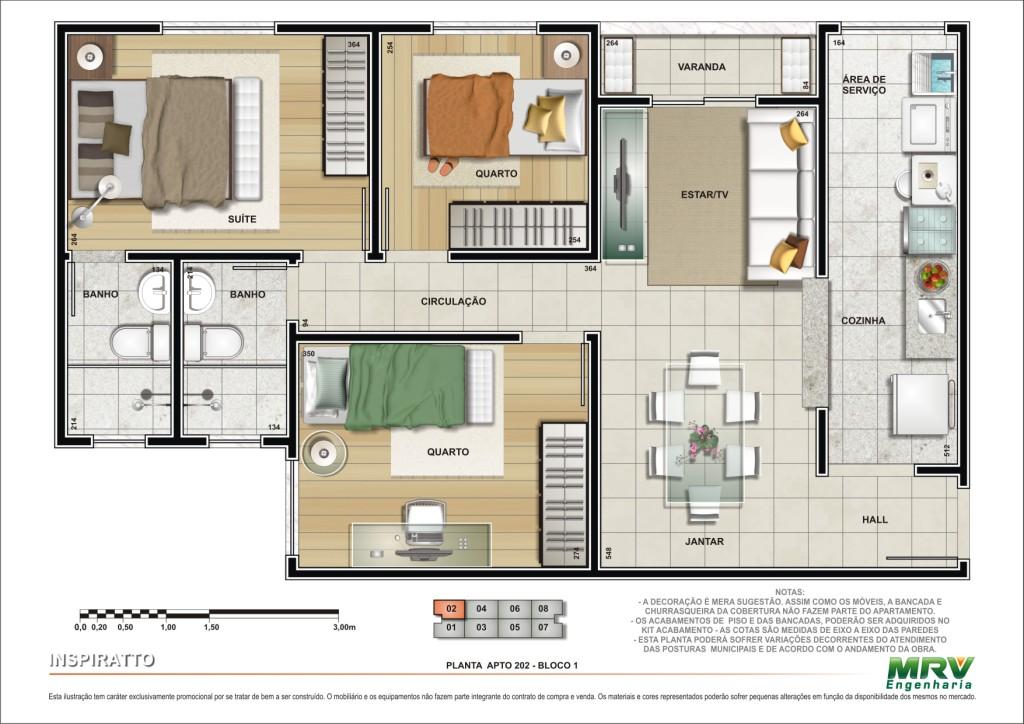 plantas de apartamento 3 quartos com 2 banheiros