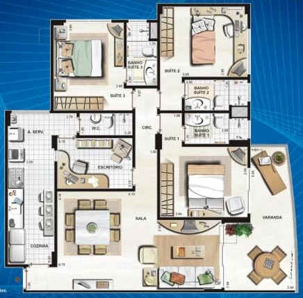 plantas de apartamento 3 quartos com sala estendida