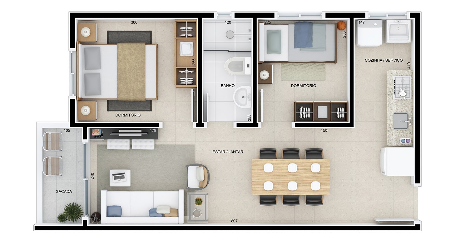 planta apartamento 2 quartos cozinha americana