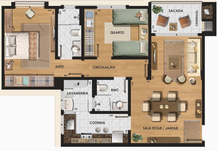 planta apartamento 2 quartos com suite e closet