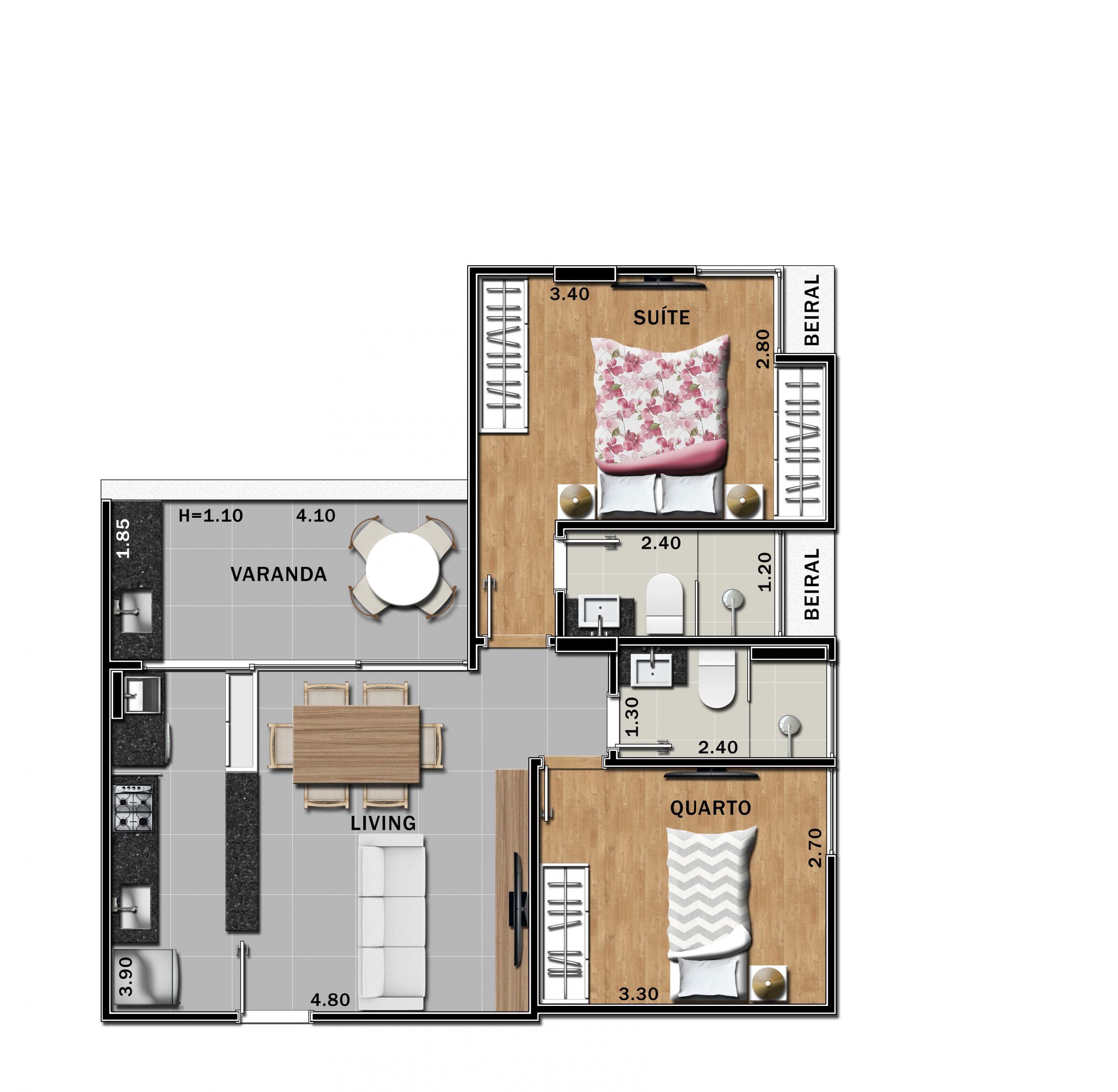 planta apartamento 2 quartos com 2 suites