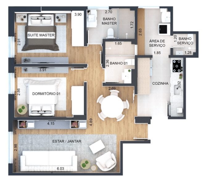 planta apartamento 2 quartos conceito aberto
