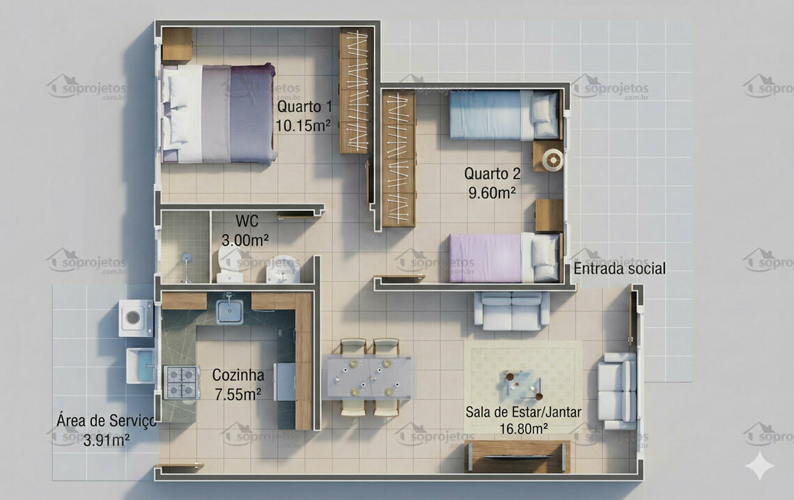 planta apartamento 2 quartos conceito aberto