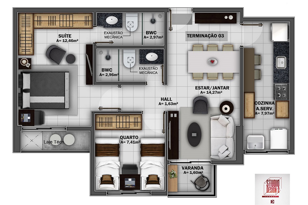 planta apartamento 2 quartos em L