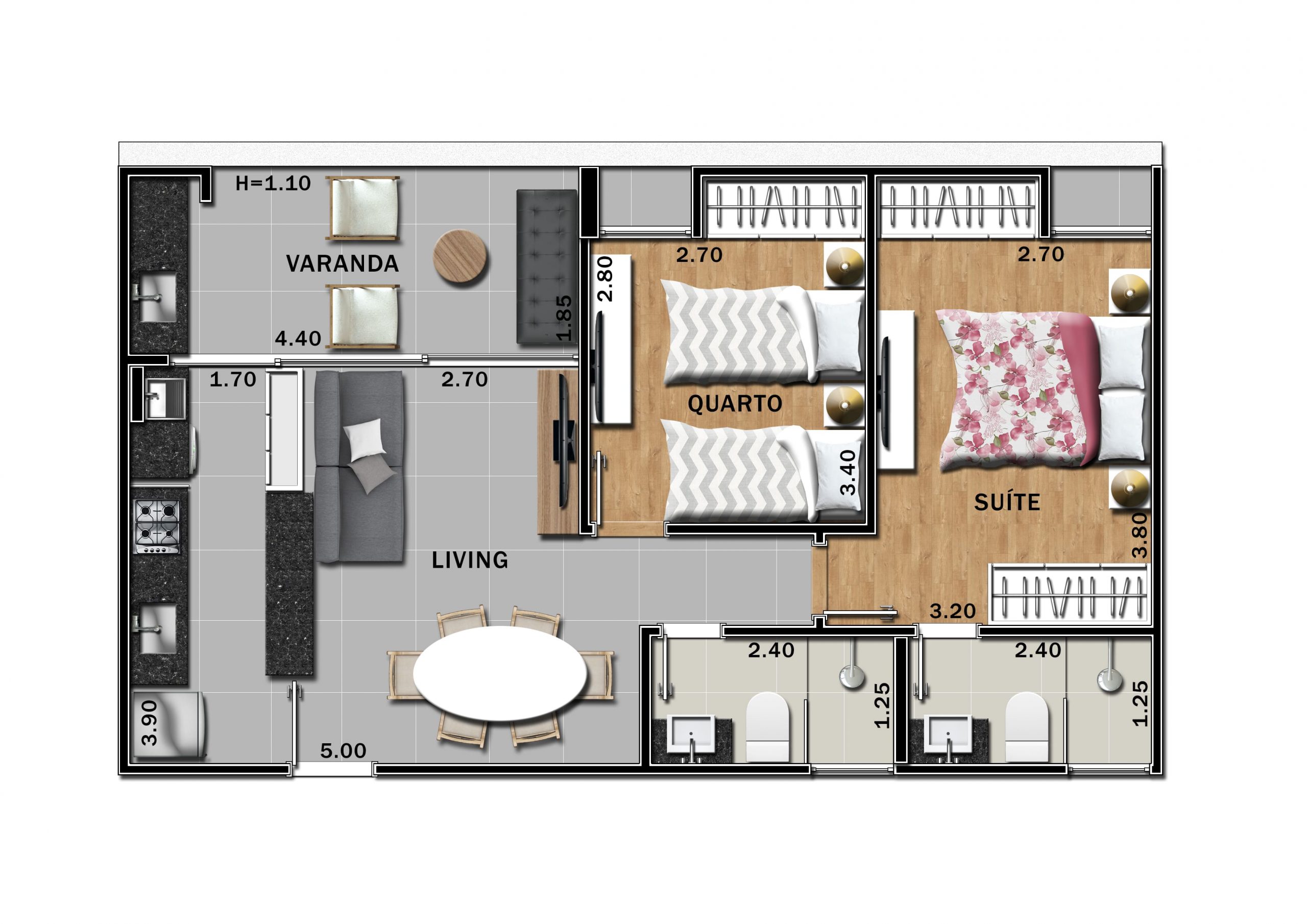 planta de apartamento 2 quartos 70m2