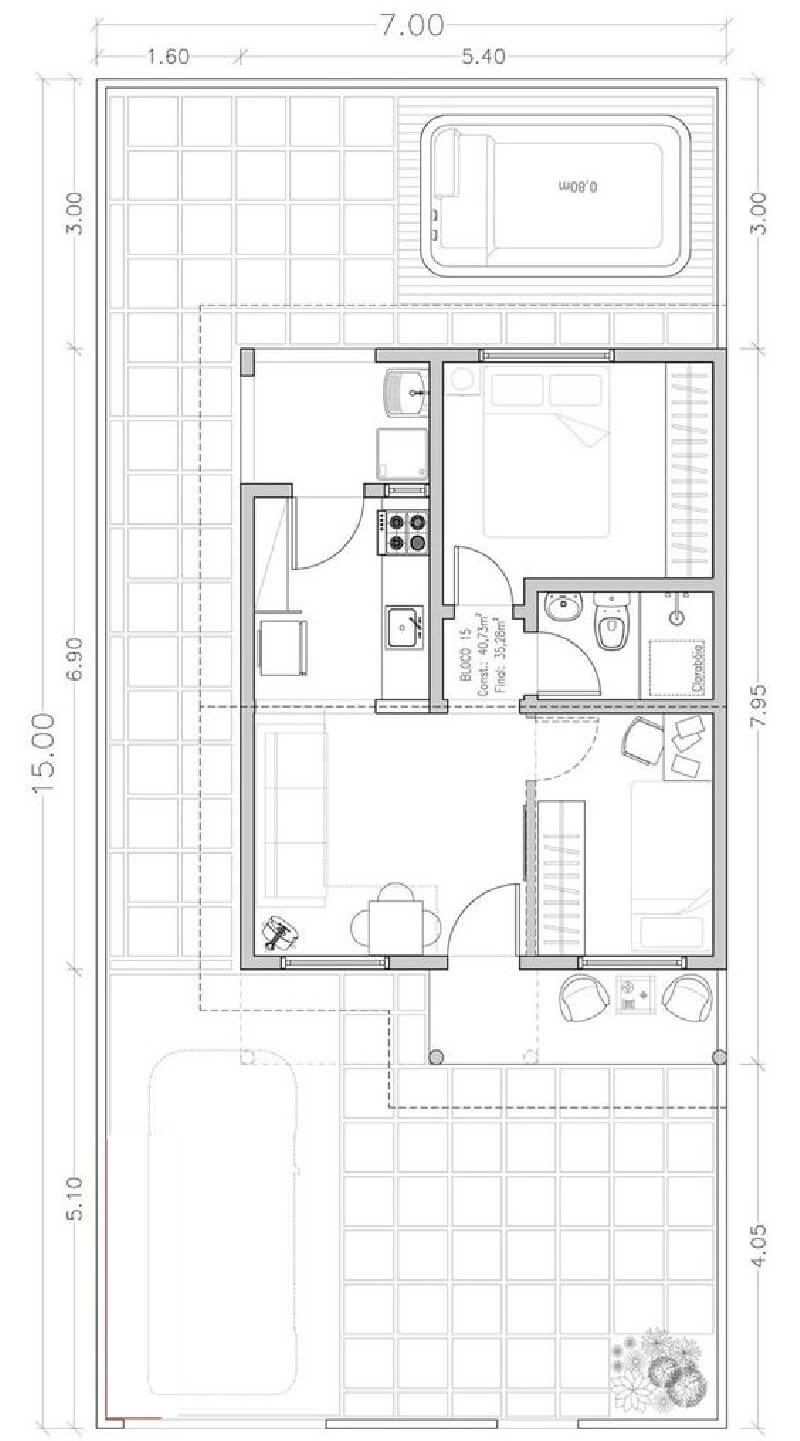 plantas de apartamento 2 quartos com cozinha integrada