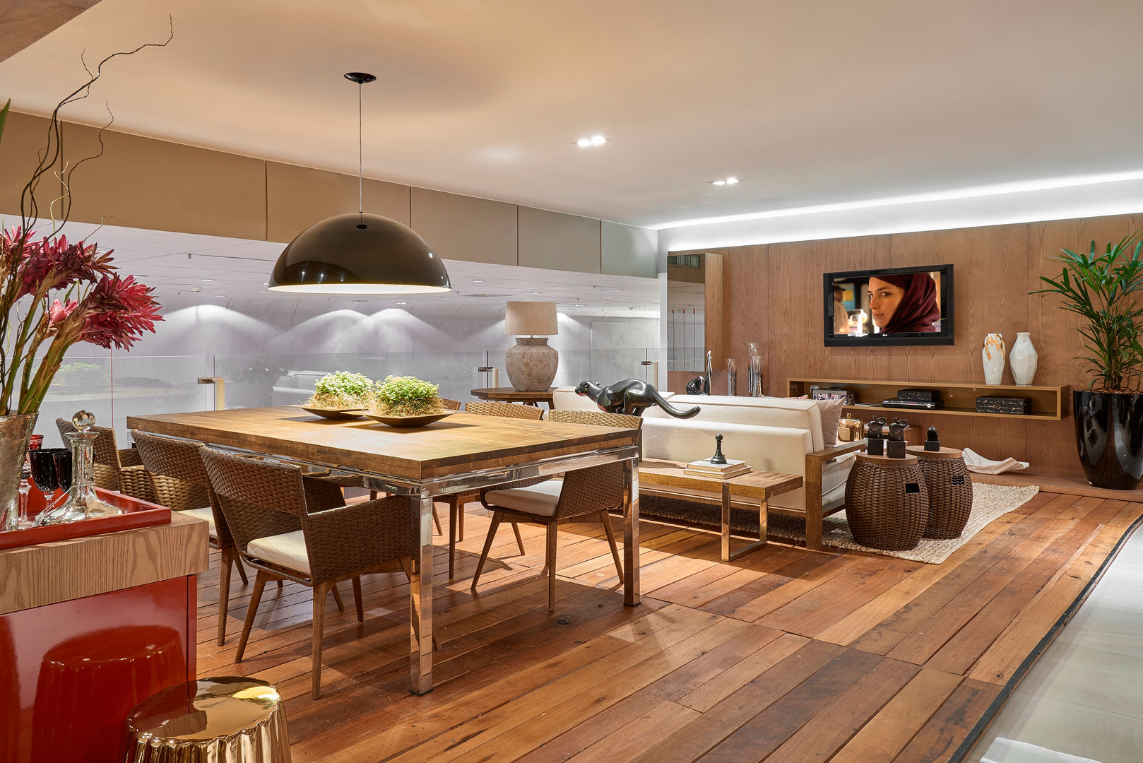 decoração minimalista sala de estar e jantar integradas