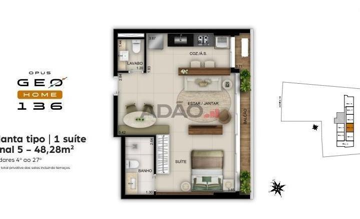 plantas de apartamento 1 quarto compacto