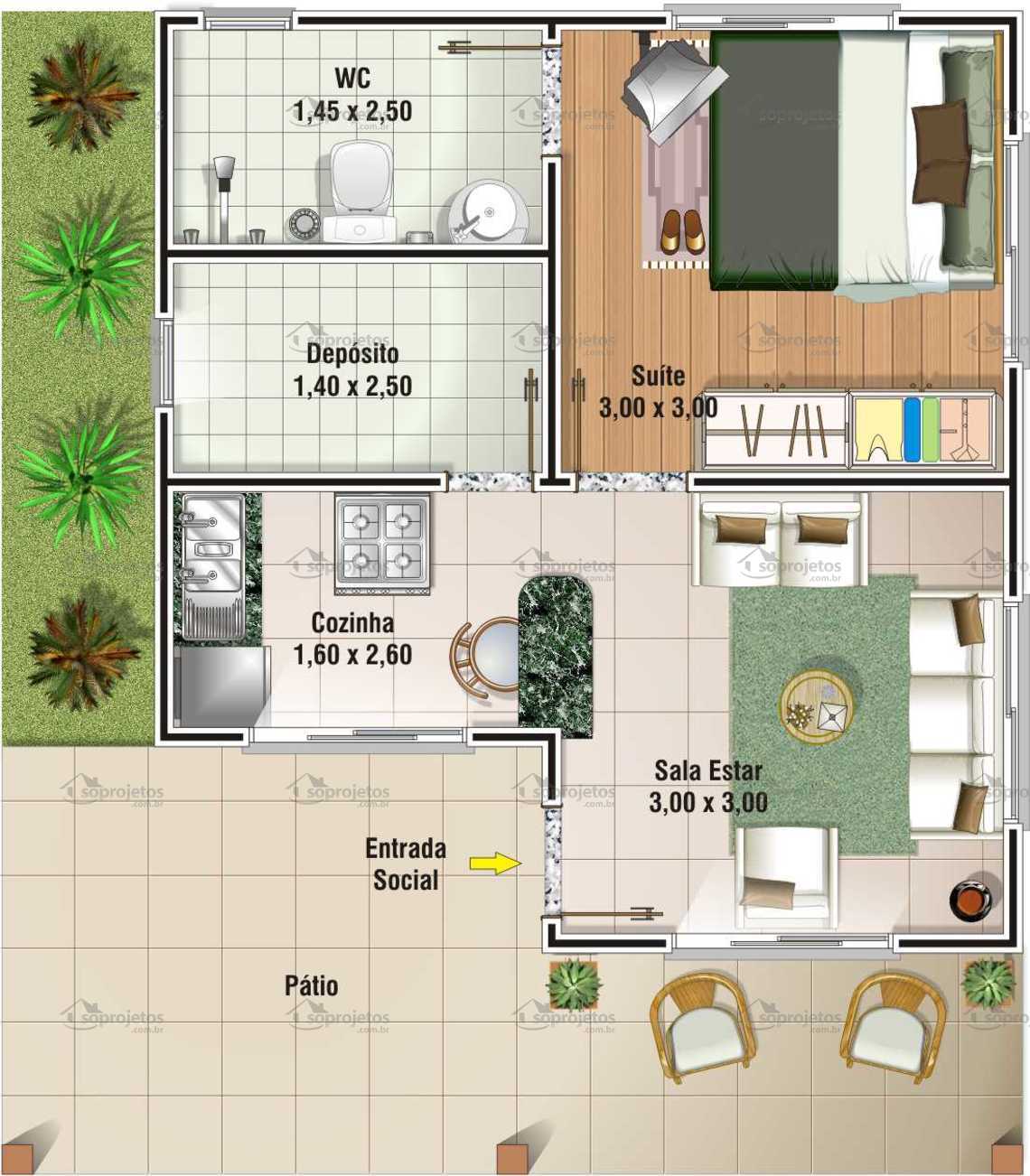 projetos de apartamentos 1 quarto