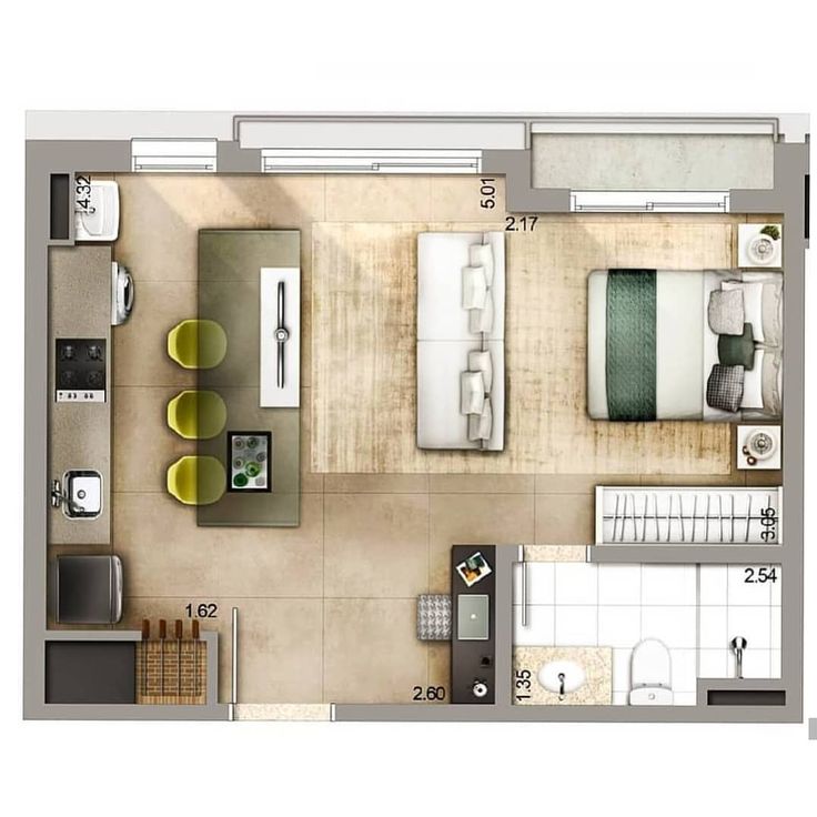 planta apartamento 45m2 studio