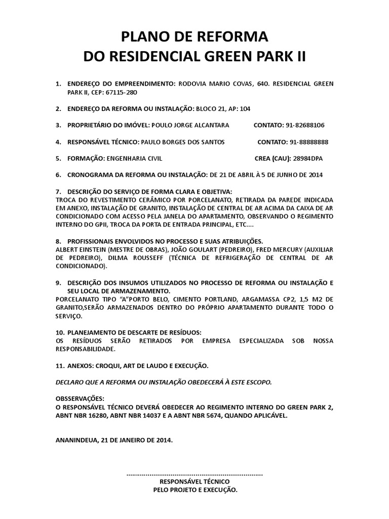 custo ART reforma