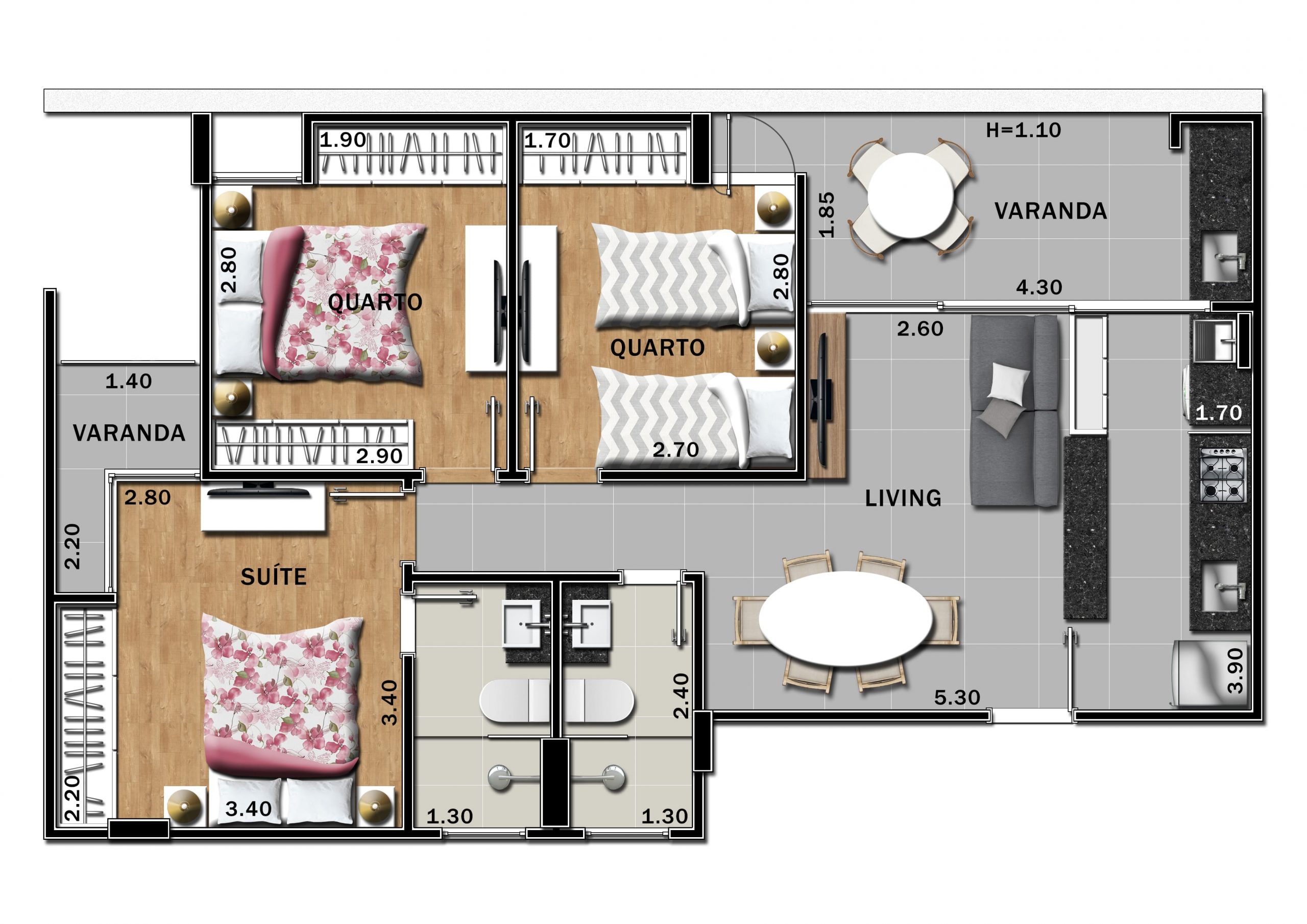layout apartamento 3 quartos moderno