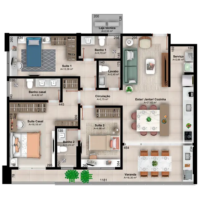 tamanho ideal apartamento 3 quartos