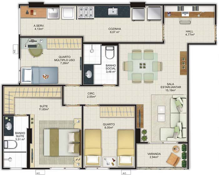 tamanho ideal apartamento 3 quartos