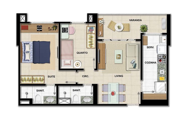 apartamento 2 quartos pequeno funcional