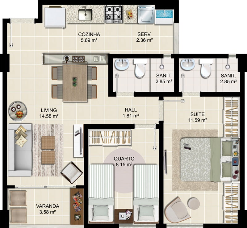 apartamento 2 quartos planta baixa moderna