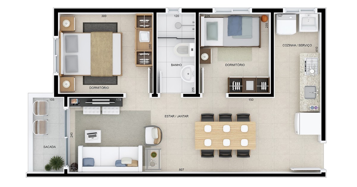 otimização de espaço apartamento 2 quartos